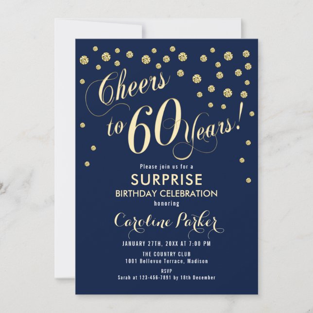 Invitation Surprise 60e fête d'anniversaire - Gold Navy (Devant)