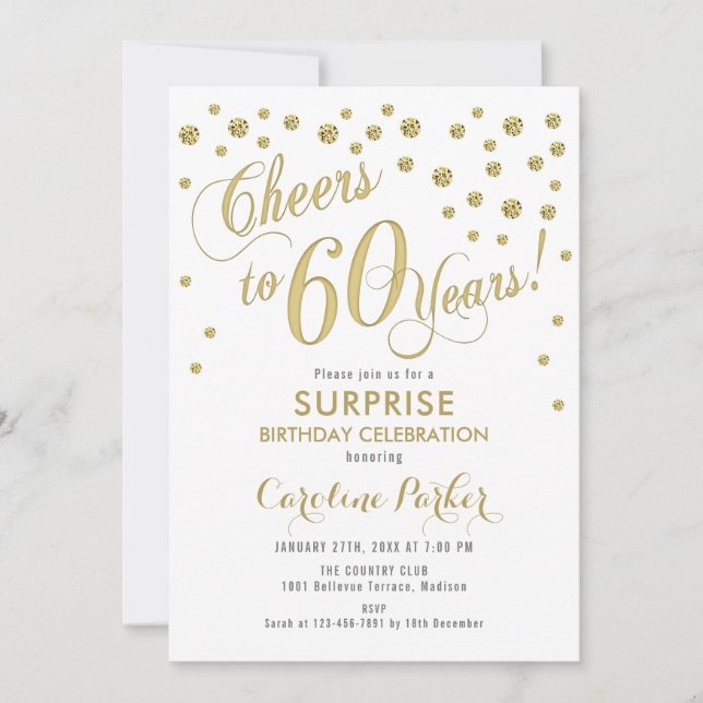 Invitation Surprise 60e fête d'anniversaire - Gold White (Devant)