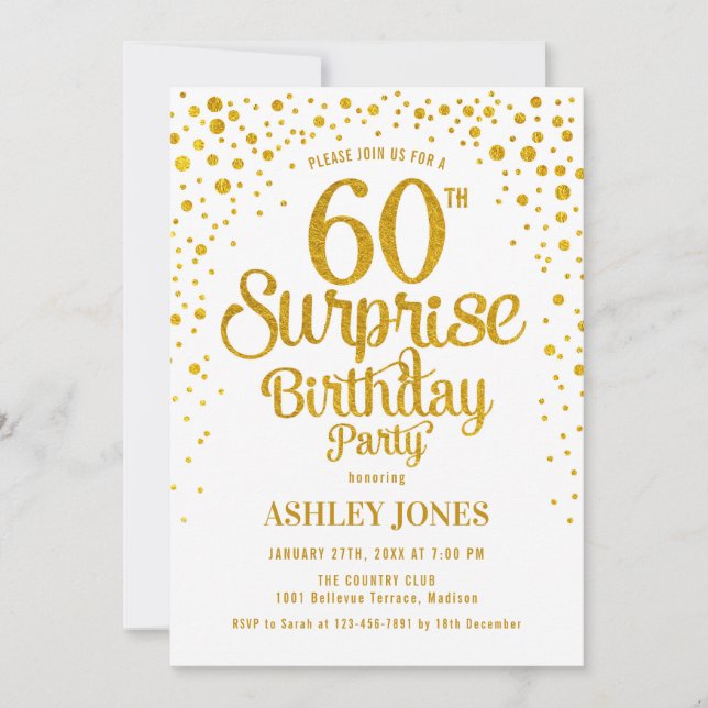 Invitation Surprise 60e fête d'anniversaire - Gold & White (Devant)