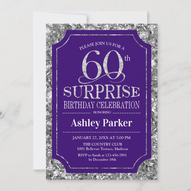 Invitation Surprise 60e fête d'anniversaire - Silver Purple (Devant)