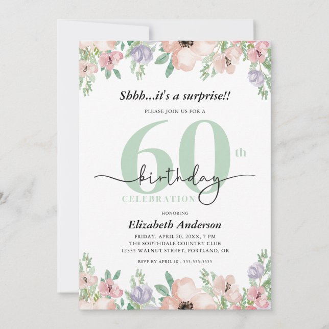 Invitation Surprise 60th Birthday Party Elegant Pastel Floral (Devant)