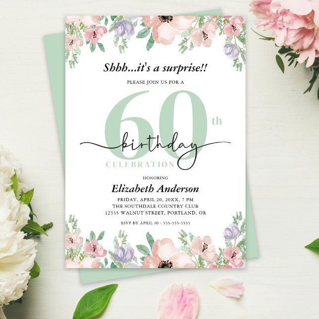 Invitation Surprise 60th Birthday Party Elegant Pastel Floral (Créateur téléchargé)
