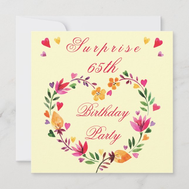 Invitation Surprise 65e anniversaire aquarelle Coeur floral (Devant)