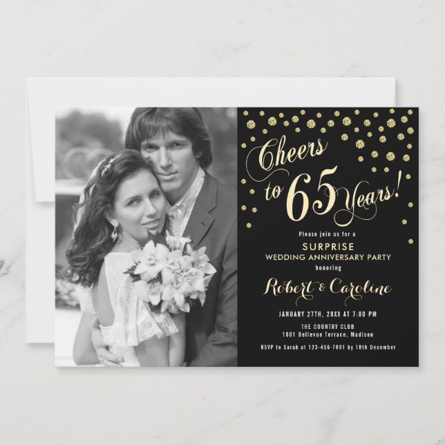 Invitation Surprise 65e anniversaire avec photo - Or Noir (Devant)