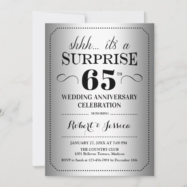 Invitation Surprise 65e anniversaire de mariage - Noir Argent (Devant)
