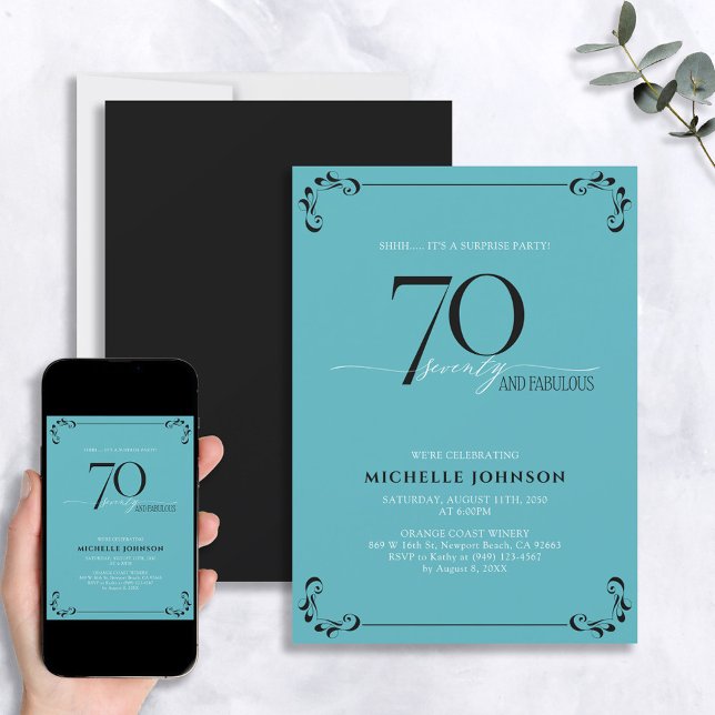 Invitation Surprise 70 & Fabuleux Turquoise & Noir Anniversai (Créateur téléchargé)