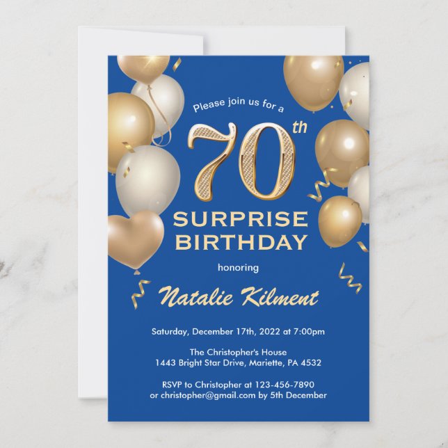 Invitation Surprise 70e anniversaire Ballons bleu et or (Devant)