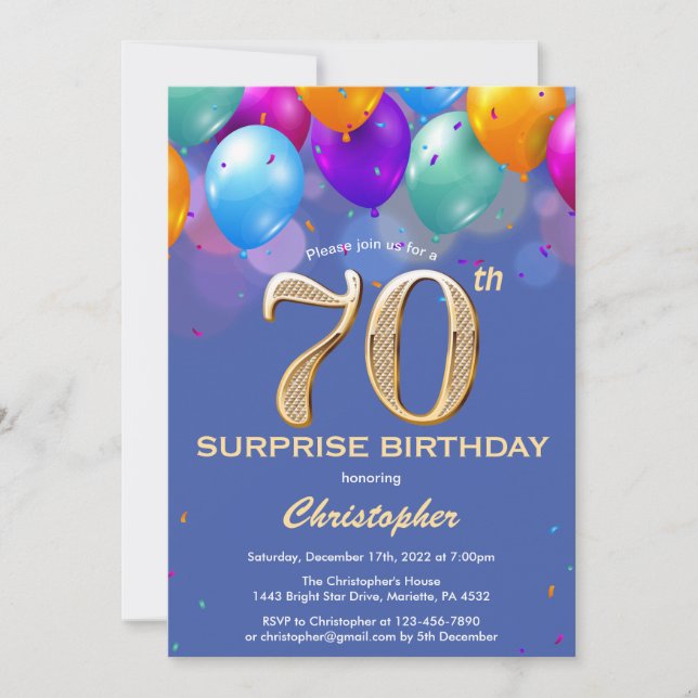 Invitation Surprise 70e anniversaire Ballons bleu et or (Devant)