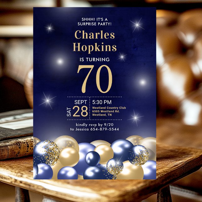 Invitation Surprise 70e Anniversaire Ballons Bleu Marine Or (Créateur téléchargé)
