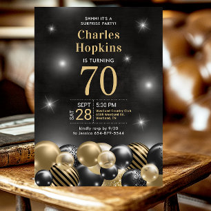 Invitation Surprise 70e anniversaire ballons de fête noirs et
