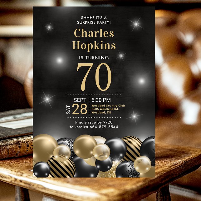 Invitation Surprise 70e anniversaire ballons de fête noirs et (Créateur téléchargé)