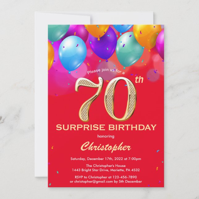 Invitation Surprise 70e anniversaire Ballons rouge et or (Devant)