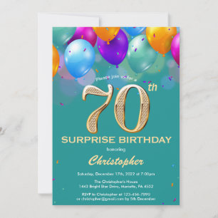 Invitation Surprise 70e anniversaire Balloons Turquoise et or