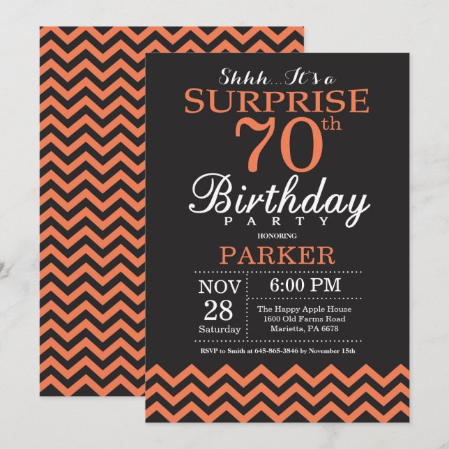 Invitation Surprise 70e anniversaire Black et Coral Chevron (Devant / Derrière)