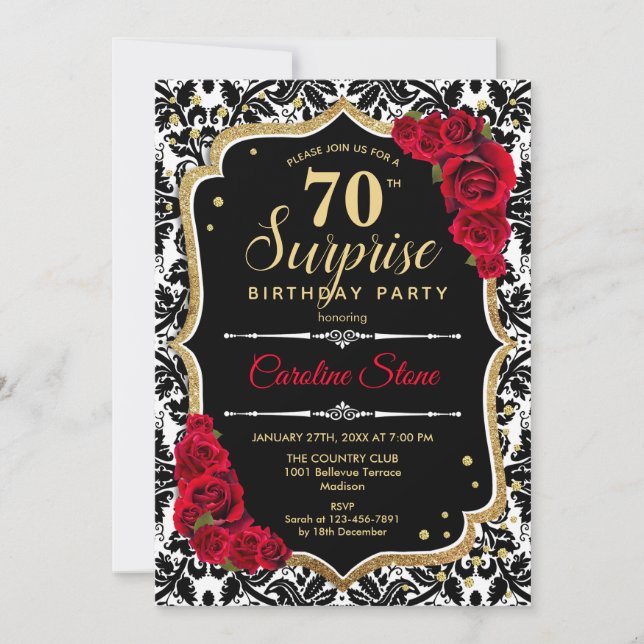 Invitation Surprise 70e anniversaire - Black Gold Red Invitat (Devant)