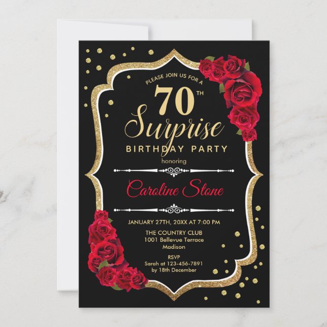 Invitation Surprise 70e anniversaire - Black Gold Red Invitat (Devant)