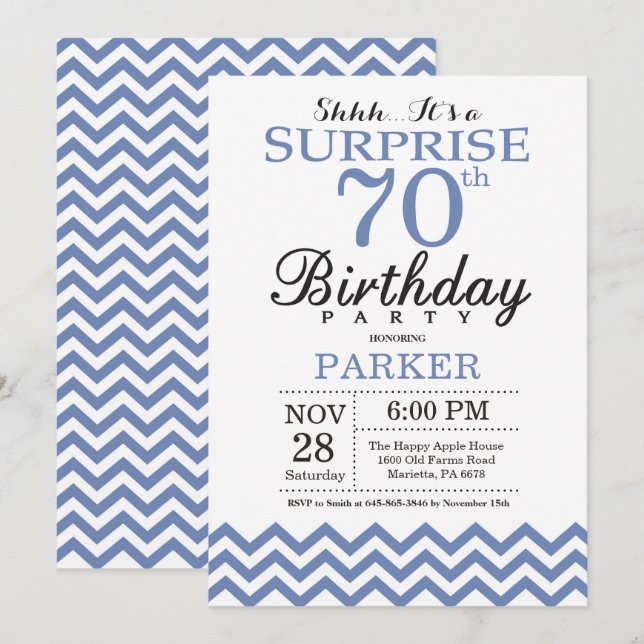 Invitation Surprise 70e Anniversaire Bleu Chevron (Devant / Derrière)