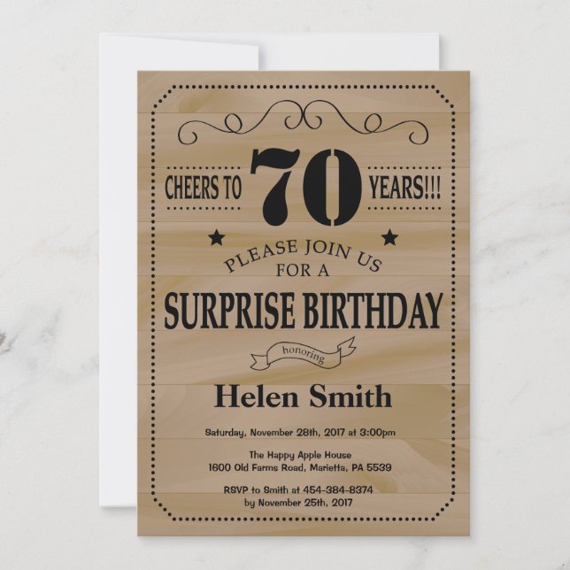 Invitation Surprise 70e Anniversaire Bois Rustique (Devant)
