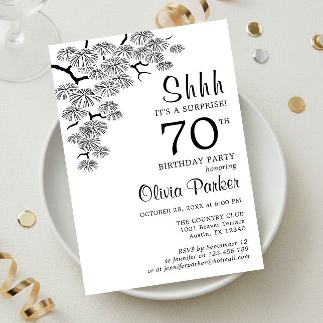 Invitation Surprise 70e anniversaire branche de pin noir et b (Créateur téléchargé)
