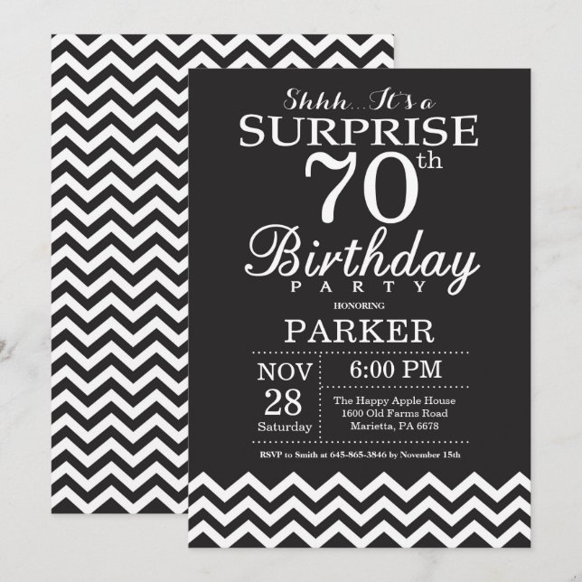 Invitation Surprise 70e Anniversaire Chevron Noir et Blanc (Devant / Derrière)