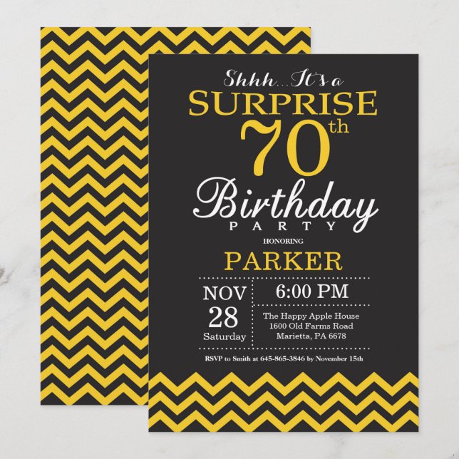Invitation Surprise 70e Anniversaire Chevron Noir et Jaune (Devant / Derrière)