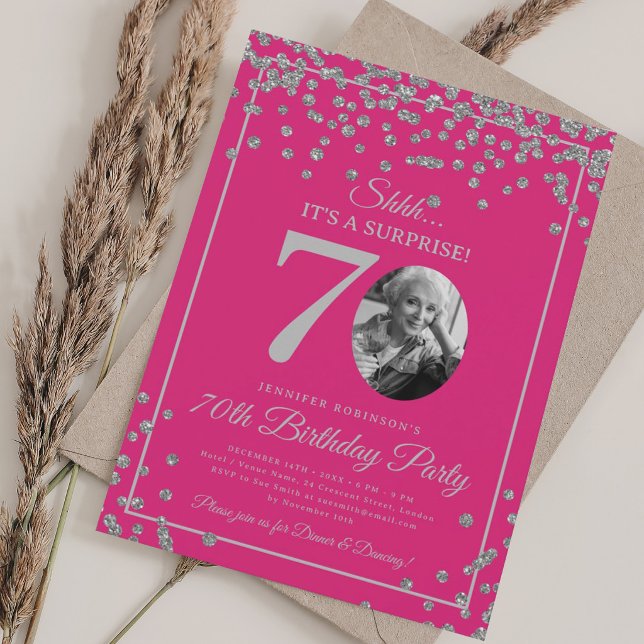 Invitation SURPRISE 70e Anniversaire Confettis Argent Rose Ch (SURPRISE 70th Birthday Silver Confetti Hot Pink Invitation)