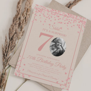 Invitation SURPRISE 70e Anniversaire Confettis Rose Gold Beig