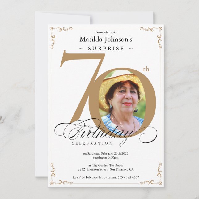 Invitation Surprise 70e anniversaire Elegant Gold White Photo (Devant)