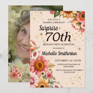 Invitation Surprise 70e Anniversaire Fleur Rose Pêche Photo