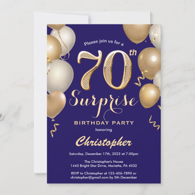 Invitation Surprise 70e anniversaire Marine Bleu et Ballons d (Devant)