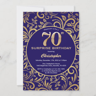 Invitation Surprise 70e anniversaire Marine bleu et or floral