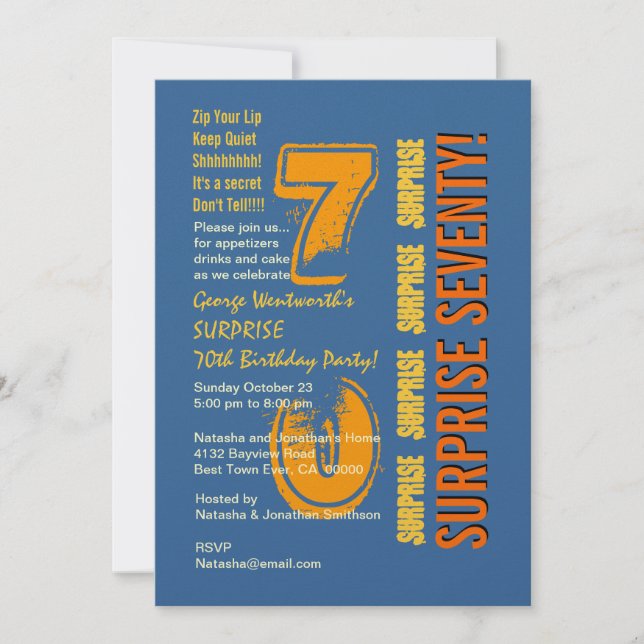 Invitation SURPRISE 70e anniversaire moderne Blue Gold Jaune (Devant)