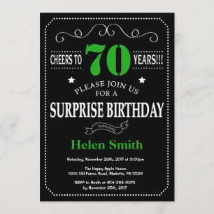 Invitation Surprise 70e anniversaire noir et vert Chalkboard