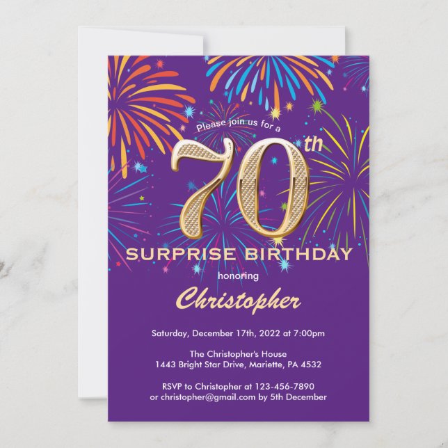 Invitation Surprise 70e anniversaire Purple and Gold Firework (Devant)