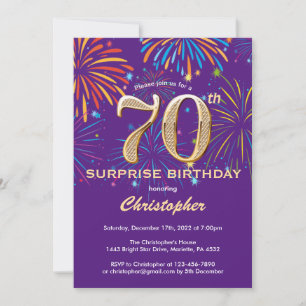 Invitation Surprise 70e anniversaire Purple and Gold Firework