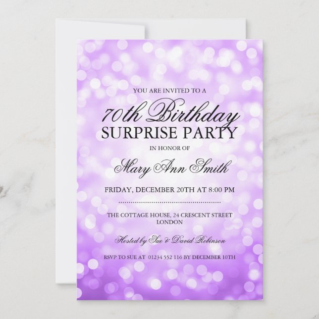 Invitation Surprise 70e anniversaire Purple Gold Parties scin (Devant)