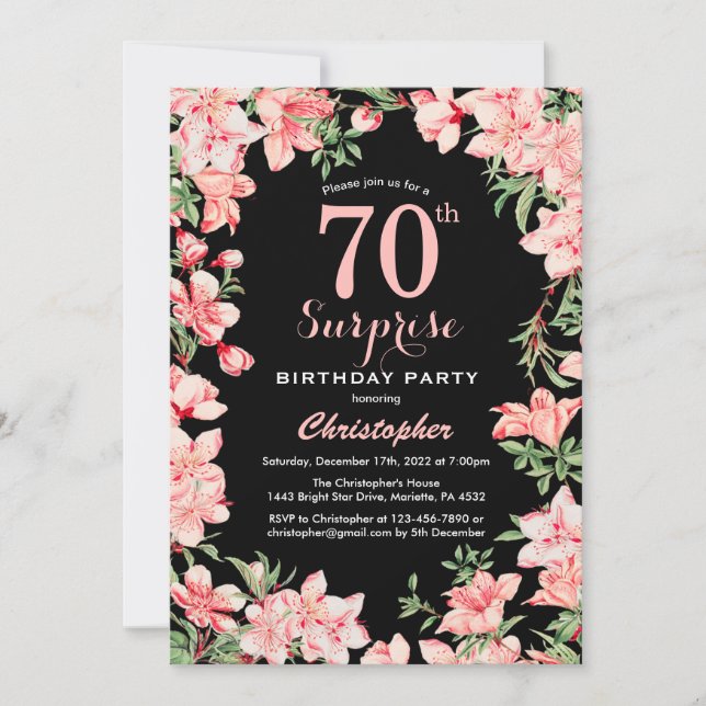 Invitation Surprise 70e anniversaire rose fleurs florales noi (Devant)