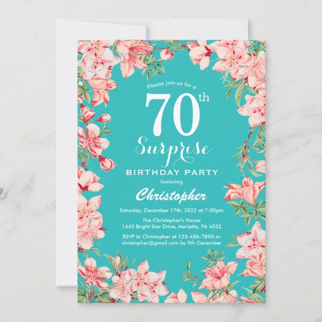 Invitation Surprise 70e anniversaire rose fleurs Turquoise (Devant)