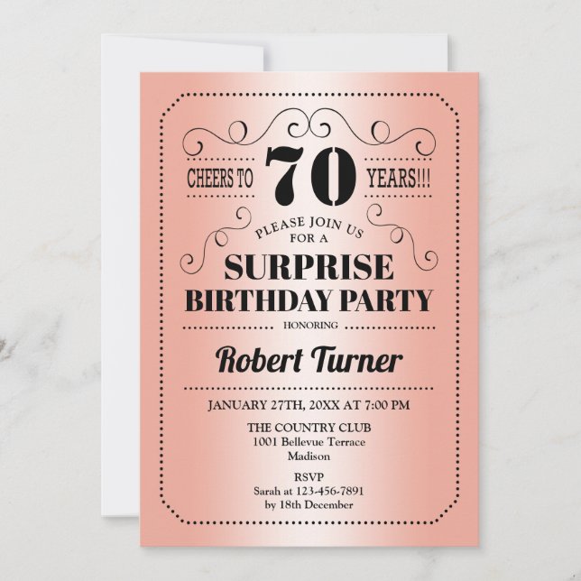 Invitation Surprise 70e anniversaire - Rose Gold Black (Devant)