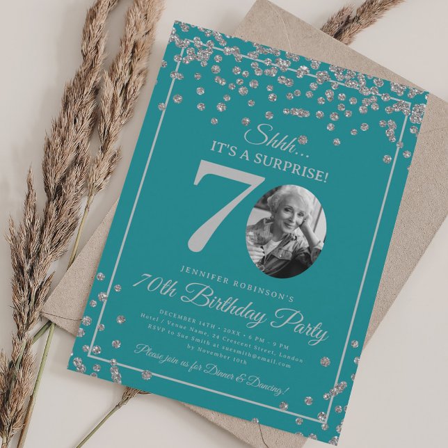 Invitation SURPRISE 70e Anniversaire Turquoise Confettis Arge (SURPRISE 70th Birthday Silver Confetti Turquoise Invitation)