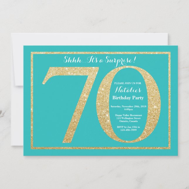 Invitation Surprise 70e anniversaire Turquoise et Parties sci (Devant)