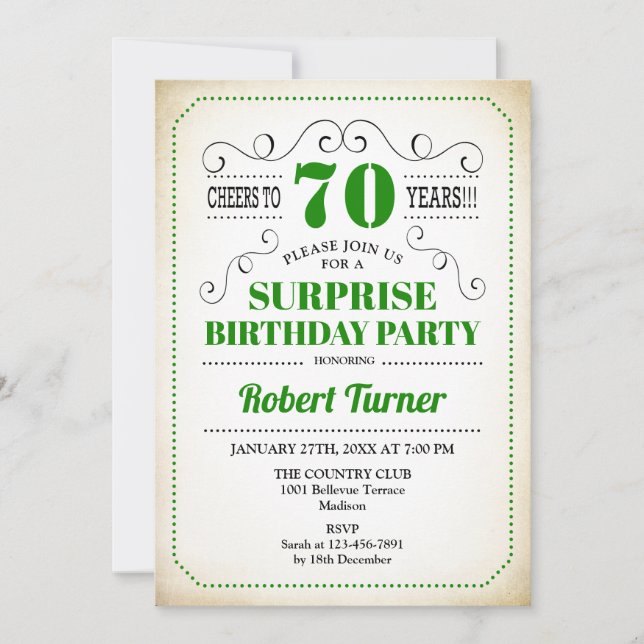 Invitation Surprise 70e anniversaire - Vert Blanc Noir (Devant)