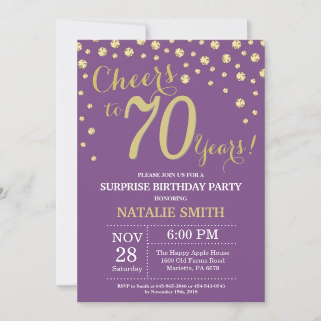 Invitation Surprise 70e anniversaire violet et diamant d'or (Devant)