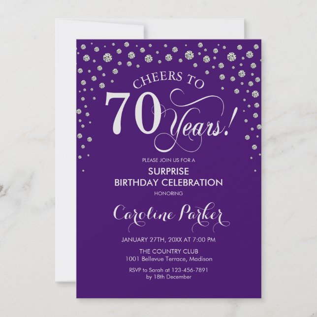 Invitation Surprise 70e fête d'anniversaire - Argent violet (Devant)