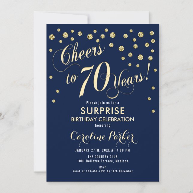 Invitation Surprise 70e fête d'anniversaire - Gold Navy (Devant)