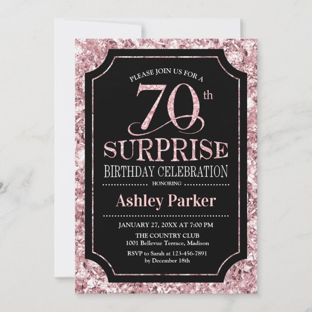 Invitation Surprise 70e fête d'anniversaire - Rose Gold Black (Devant)
