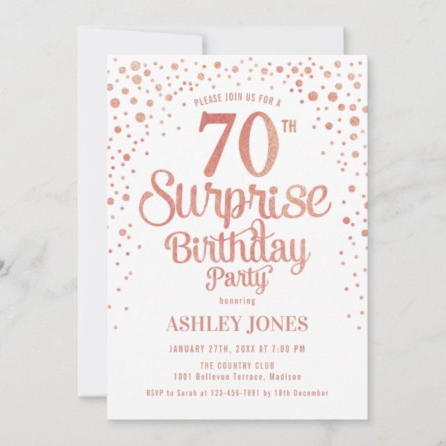 Invitation Surprise 70e fête d'anniversaire - Rose Gold & Whi (Devant)