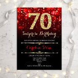 Invitation Surprise 70th Birthday - Black Red Gold<br><div class="desc">Surprise 70th Birthday Invitation.
Elegant red black design with faux glitter gold. Adult birthday. Features diamonds,  bokeh lights and script font. Men or women bday invite.  Perfect for a stylish birthday party. Message me if you need further customization.</div>