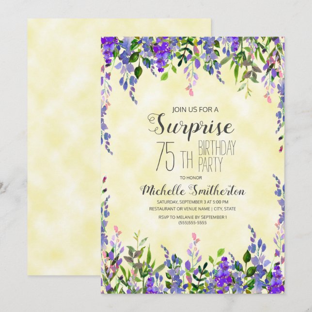 Invitation surprise 75 ans aquarelle lavande jaune (Devant / Derrière)