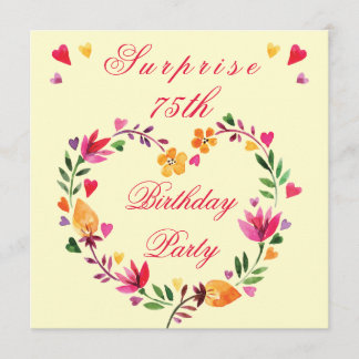 Invitation Surprise 75e anniversaire Watercolor Coeur floral